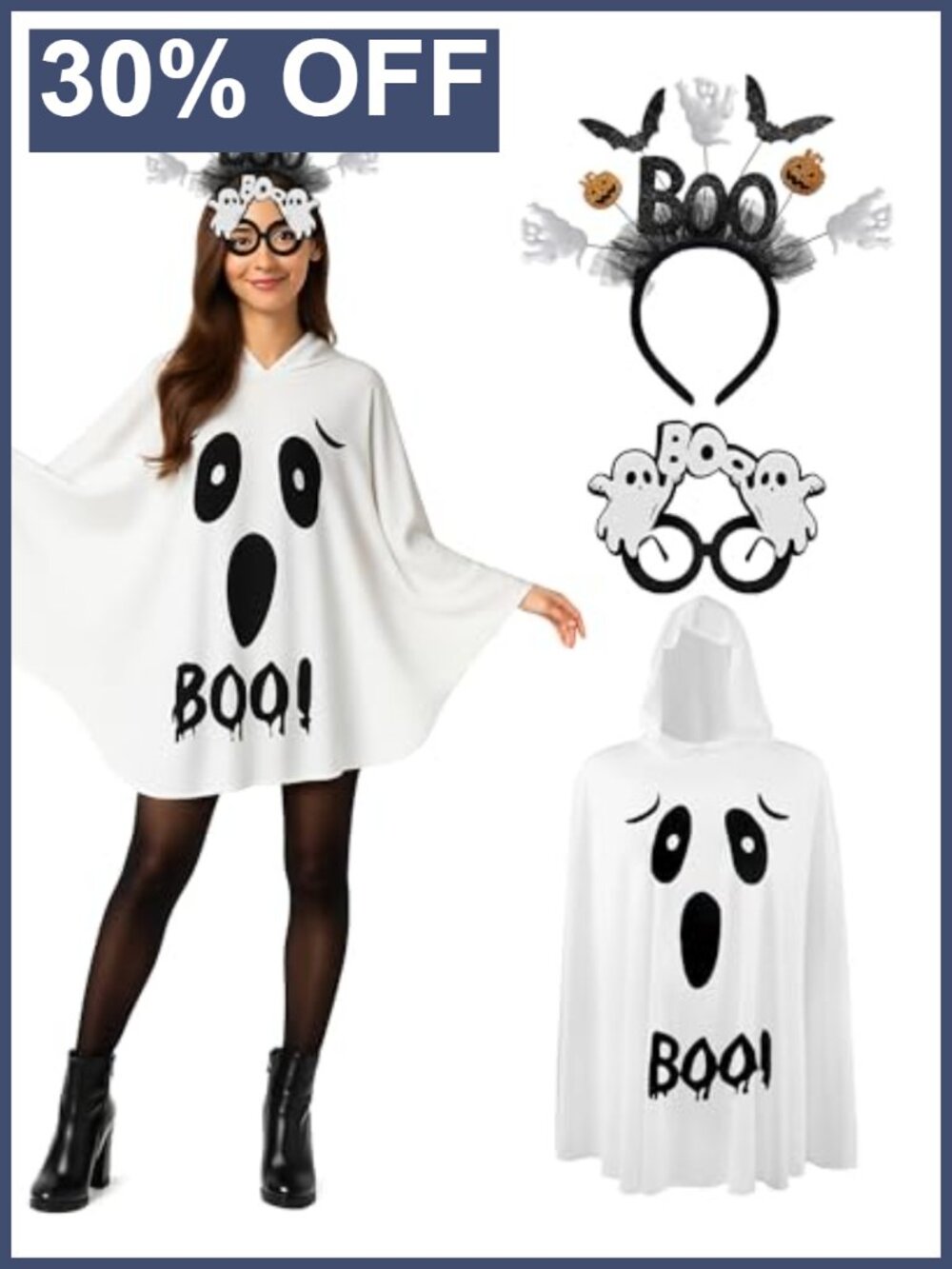 Halloween Ghost Poncho Costume Set with BOO Headband & Glasses Women Adult